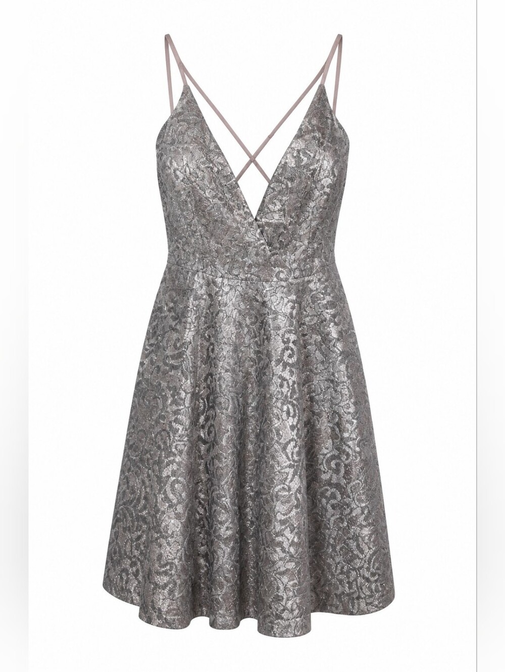 Homecoming Fairycore Rose Pink Grey Metallic Lace Flare Dress Large 4002